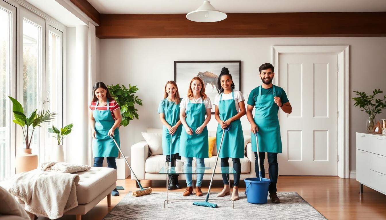 Diverse team of professional cleaners at work in London
