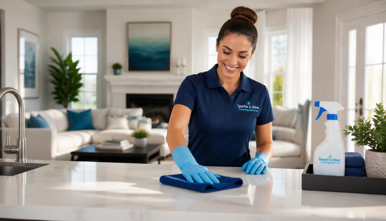 Professional cleaner polishing a sparkling clean kitchen countertop